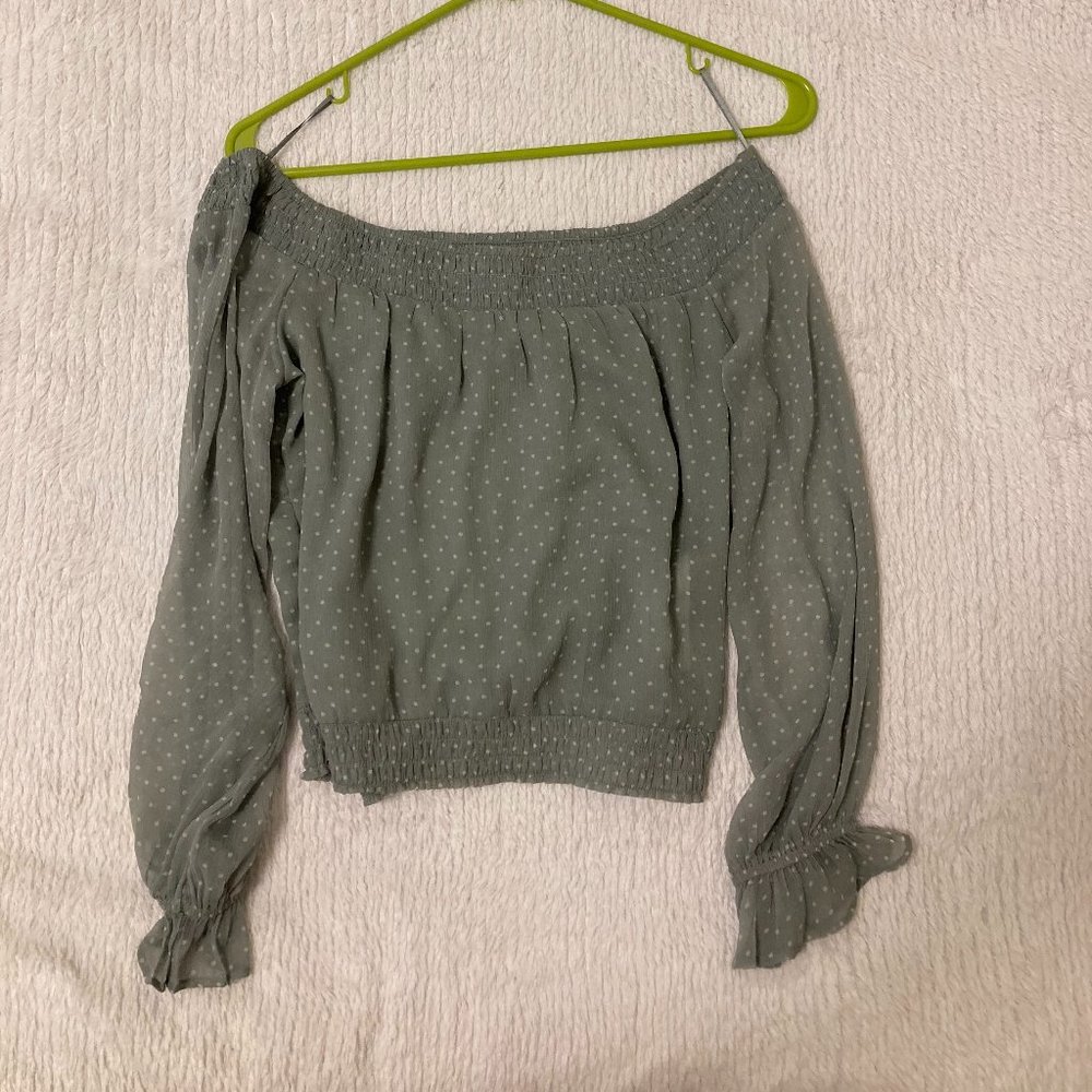 Abercrombie & Fitch Off the Shoulder Green Polka Dot Sheer Top - Like New!